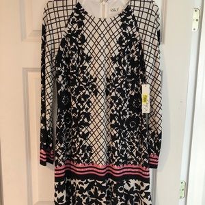 Eliza dress. Black and white with pink/red stripe